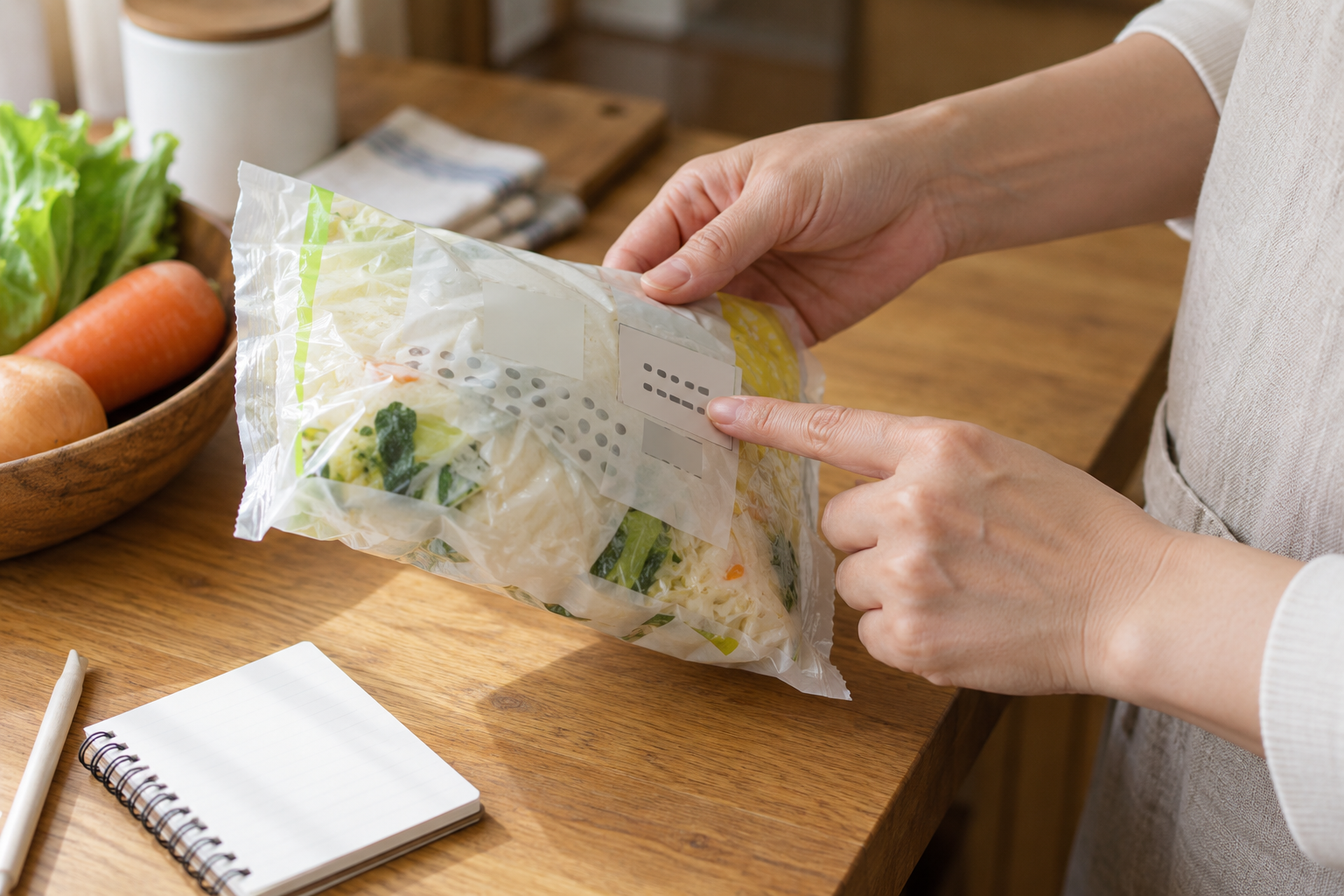 食品パッケージの表示を確認する手元と小さなメモ