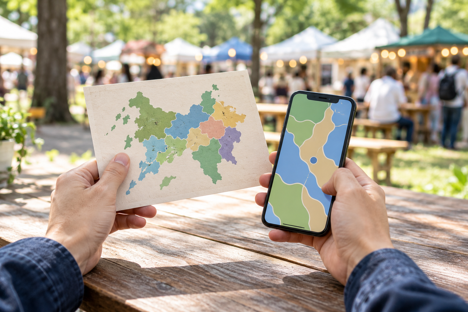 地域名が読めない色分け地図と、屋外フードフェアを見比べる手元