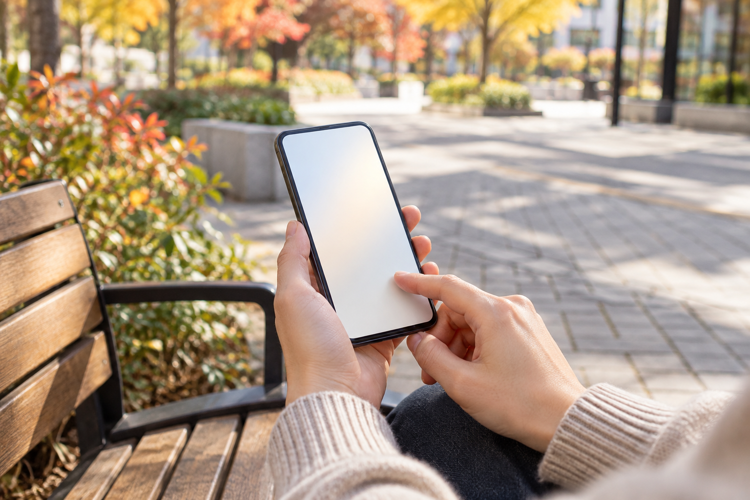 ベンチ脇で無地のスマートフォンを両手で操作する手元