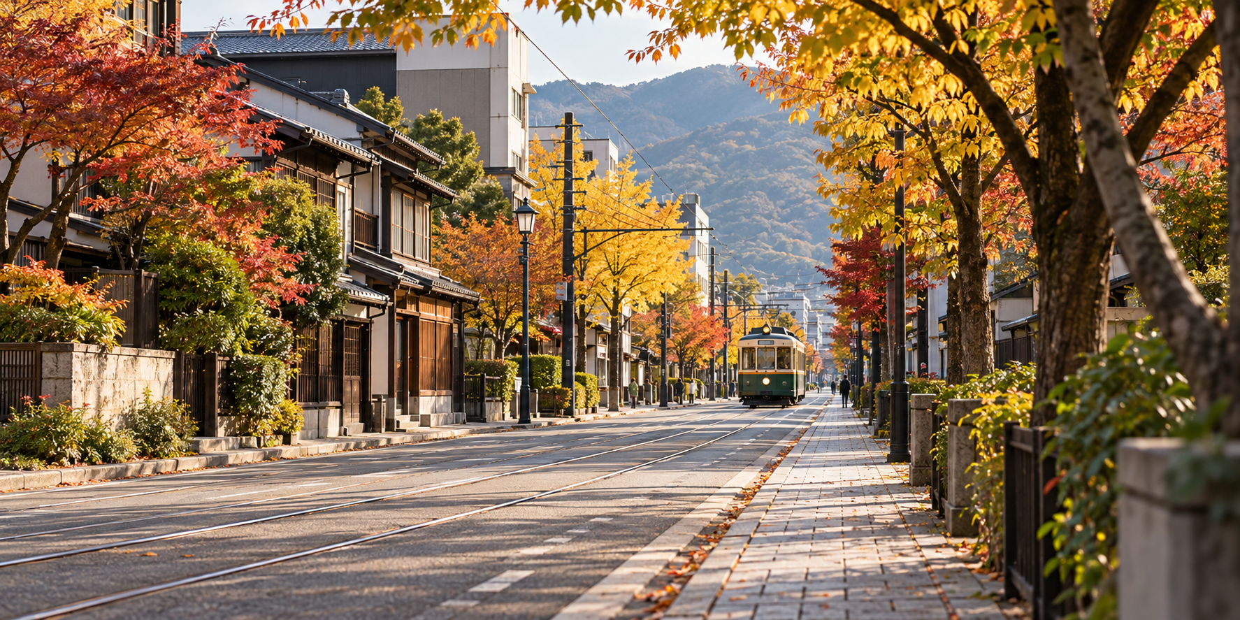 紅葉の街路樹が並ぶ秋の街角を、遠くの路面電車が走る風景