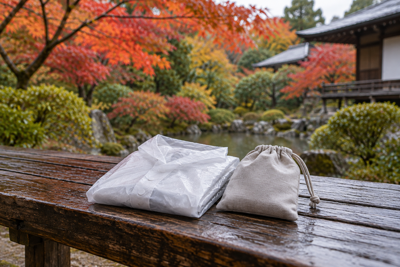 木製のベンチに置いた無地の雨具と小さな折りたたみバッグ