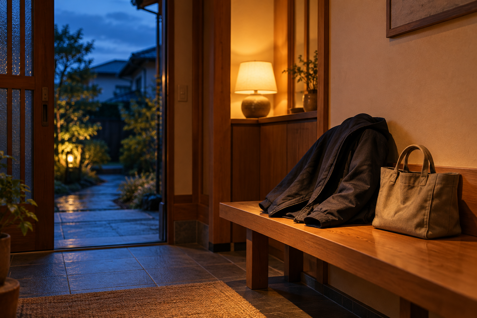 夕暮れの玄関近くに置いた無地の羽織りと小さなバッグ、暖かな間接光