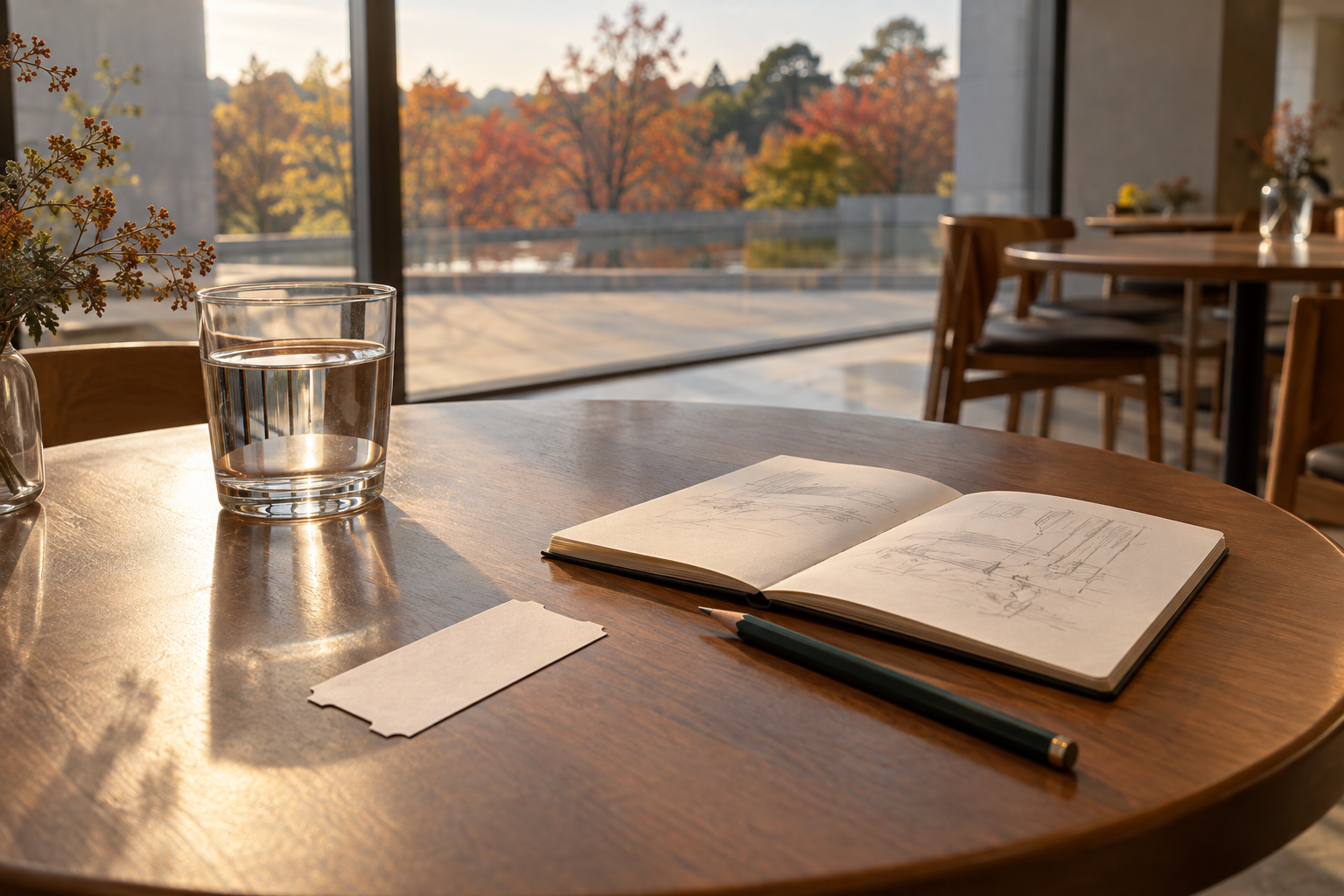 秋の木々が見える美術館カフェの木のテーブルに、水のグラス、鉛筆、読めない線だけの小さなノートが置かれている