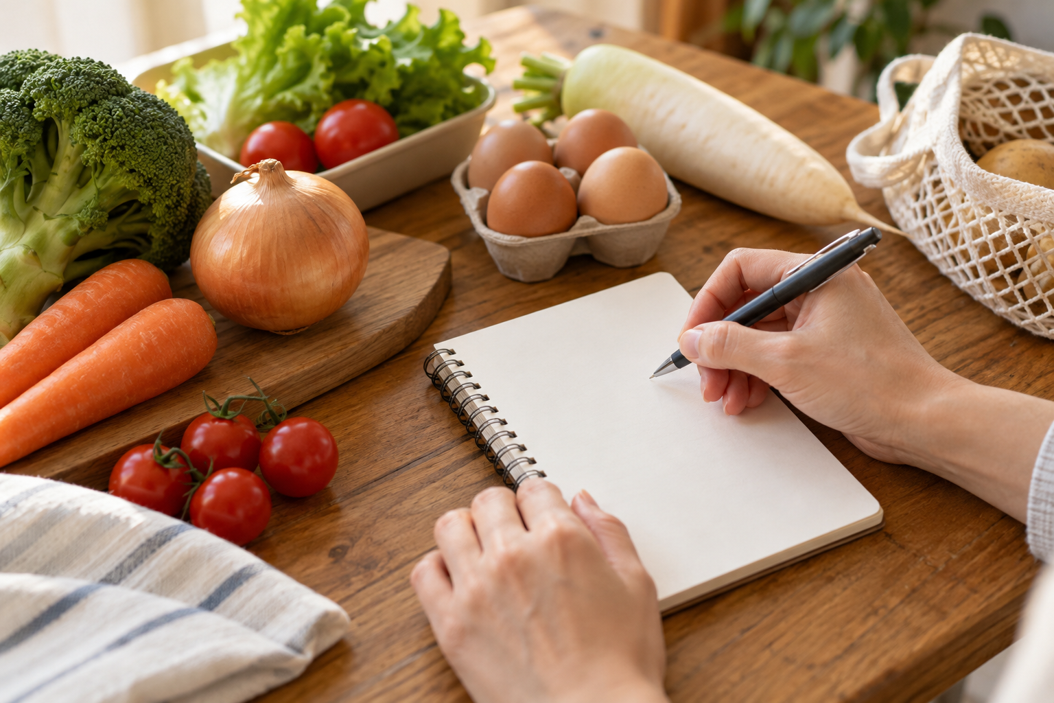 野菜と卵のそばで買い物メモを書く手元