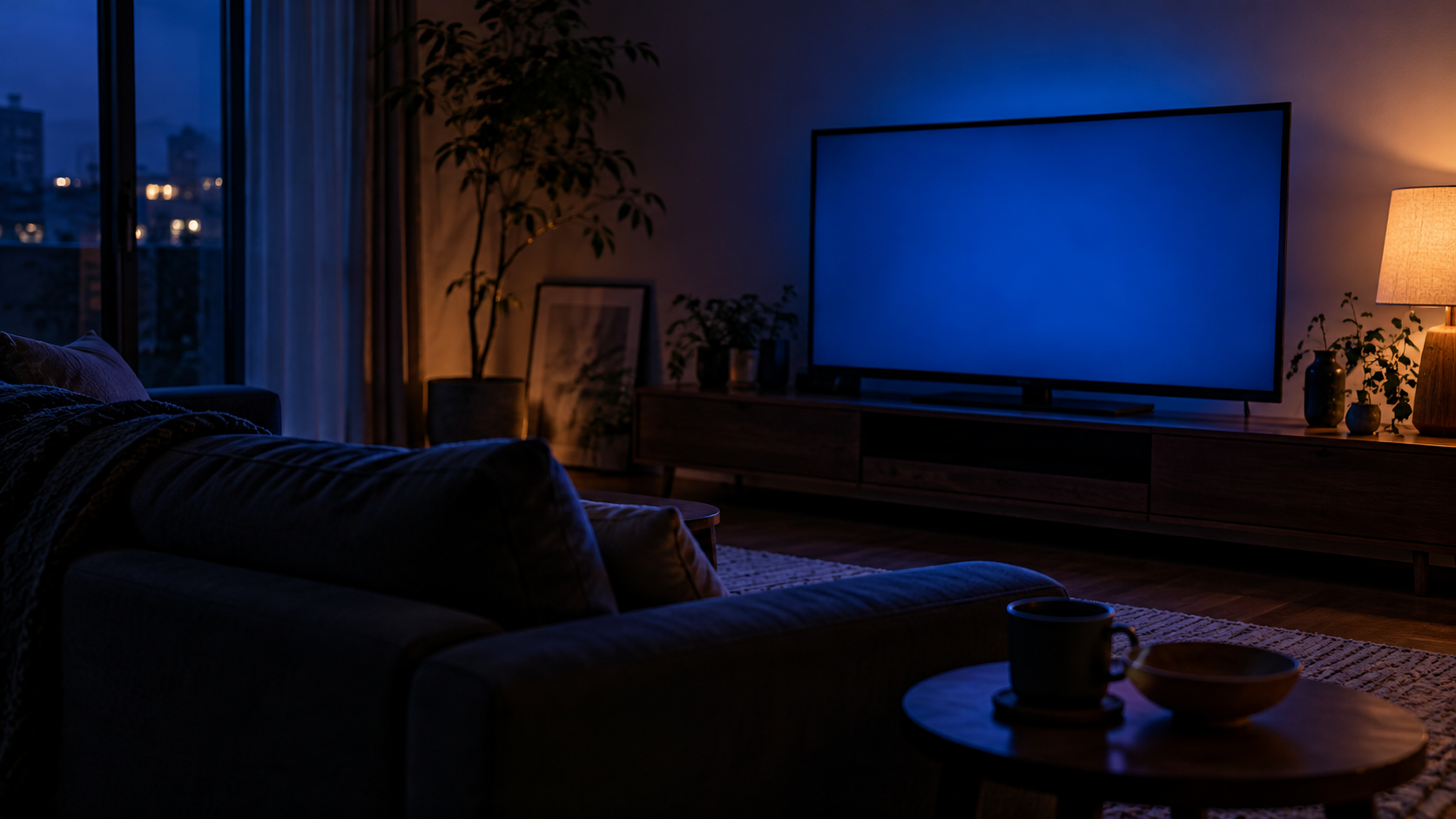暗い部屋でテレビの青い光だけが映るソファと小さなサイドテーブル、人物なし