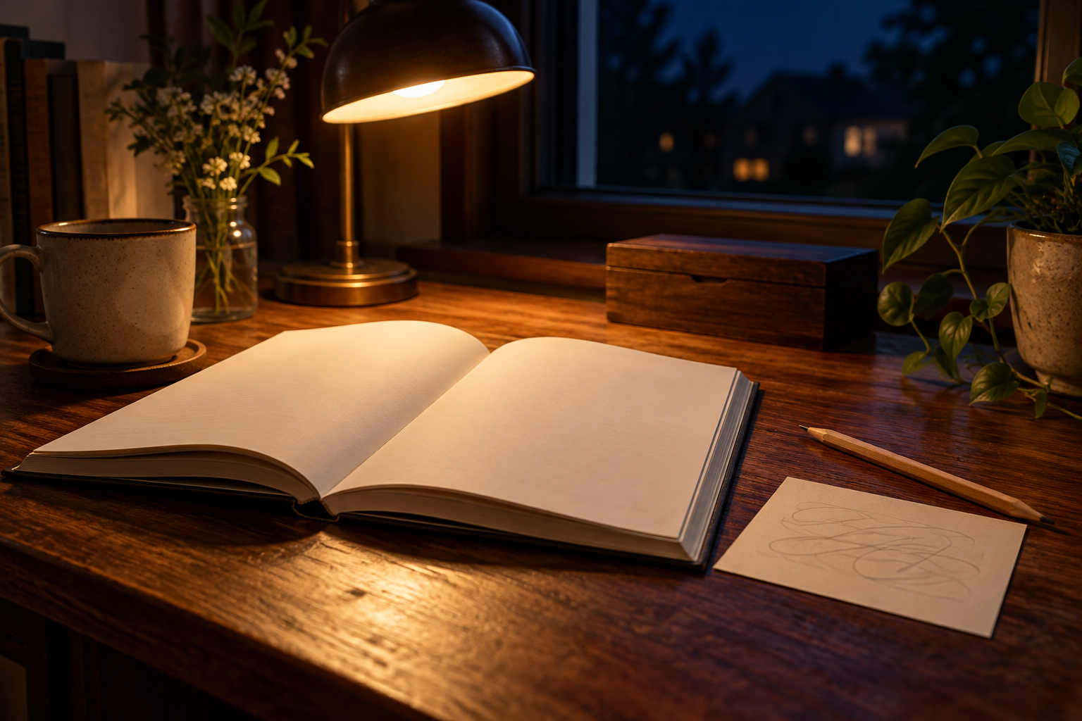 夜の机に開いた無地の本と鉛筆、短いメモ用紙に書かれた読めない抽象的な線