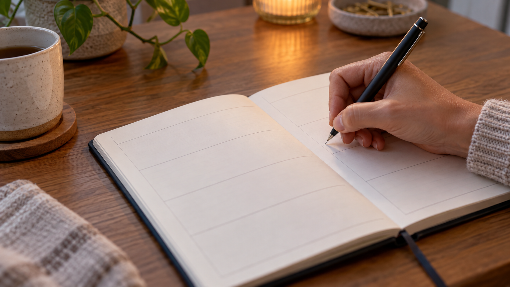 無地の手帳に次の予定を書き込む手元とペン